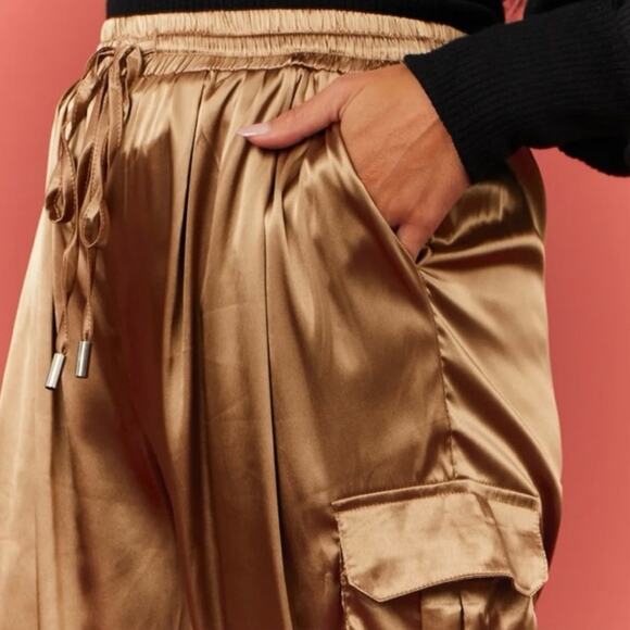 Rachel Zoe Relaxed Satin Drawstring Cargo Joggers Metallic Gold Bronze Large - Picture 2 of 10